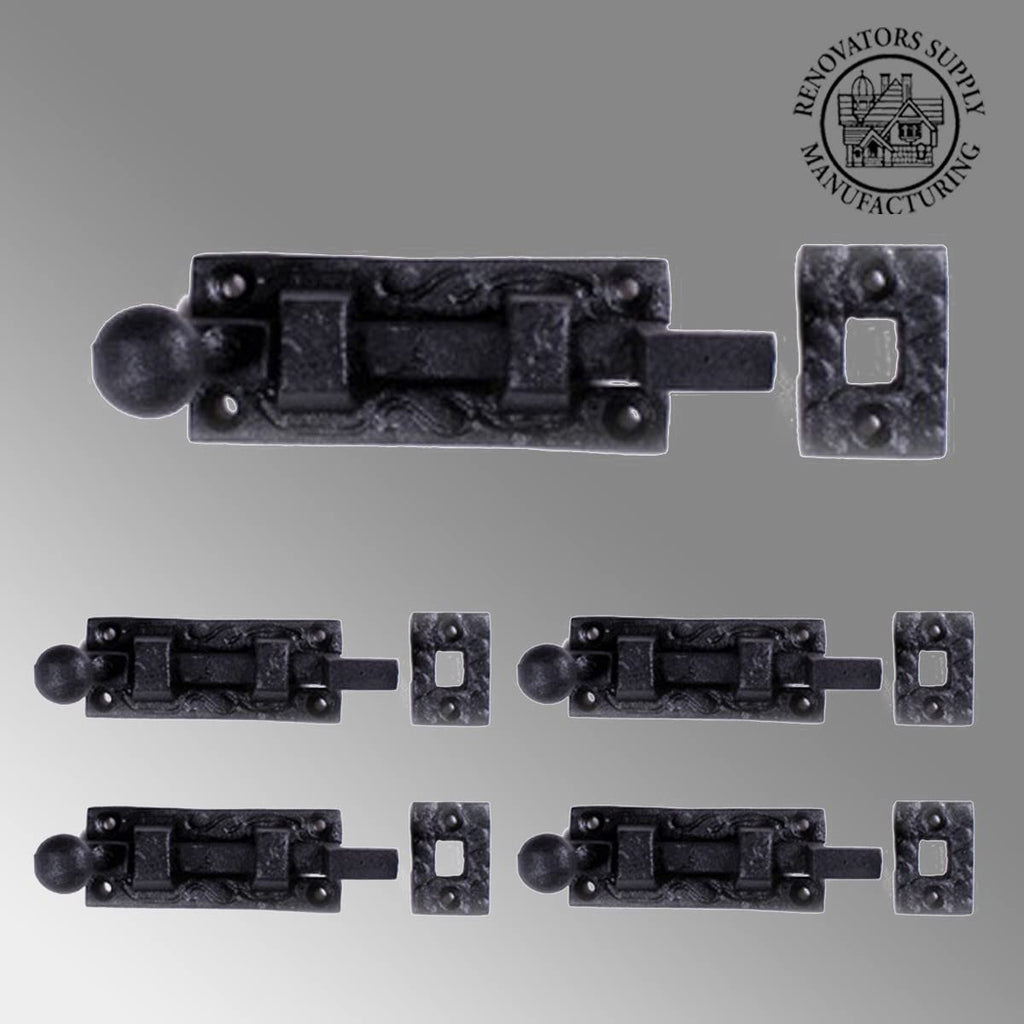 Renovators Supply Manufacturing Black Offset Slide Bolt Door Latch 4" Long Wrought Iron Metal Surface Sliding Bolts with Catch for Cabinet Doors Easy Install Lock with Mounting Hardware Pack of 4