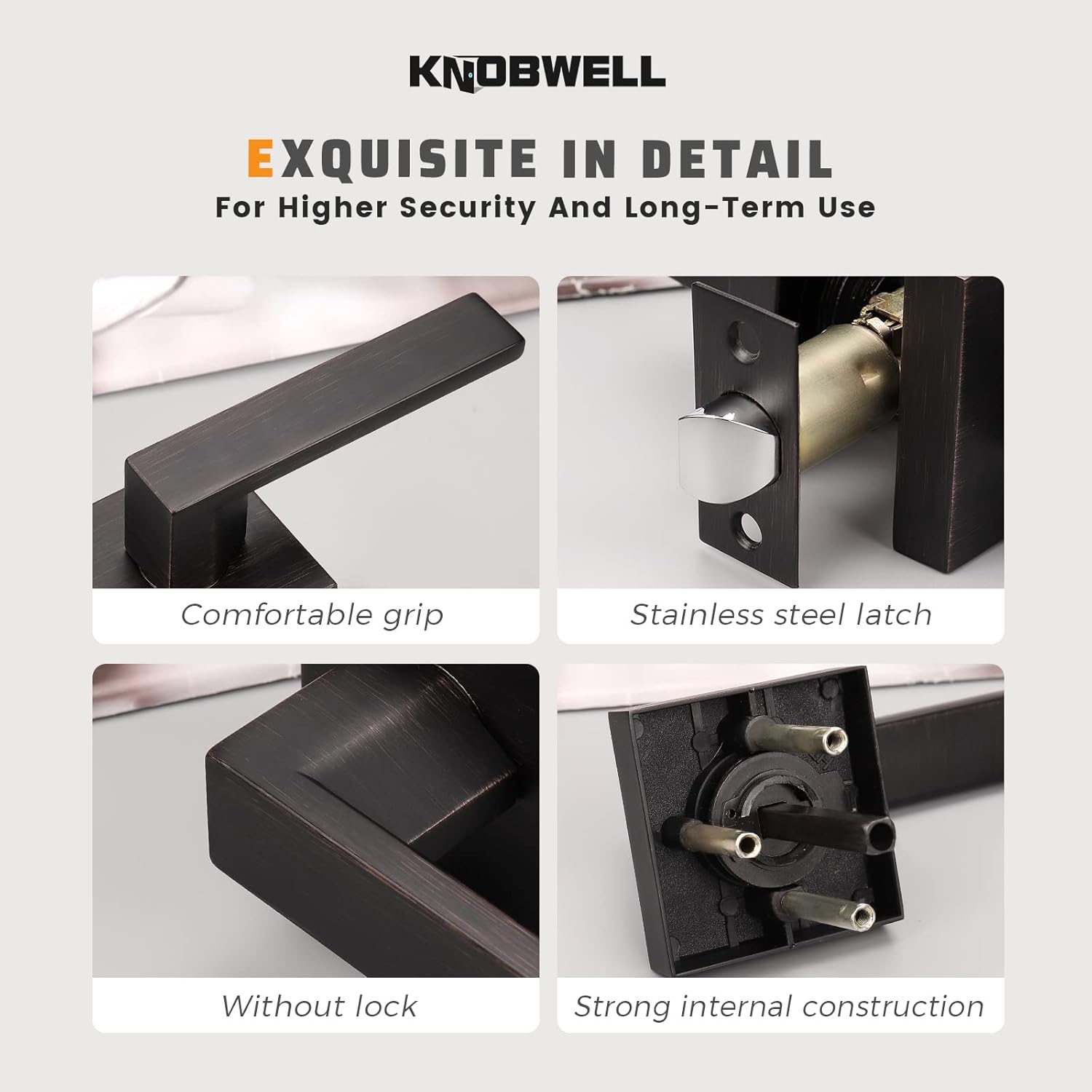 KNOBWELL 4 Pack Passage Door Handle Interior, Oil Rubbed Bronze Door Handles for Closet/Hallway Without Lock, Pull Only Square Door Knob with Levers