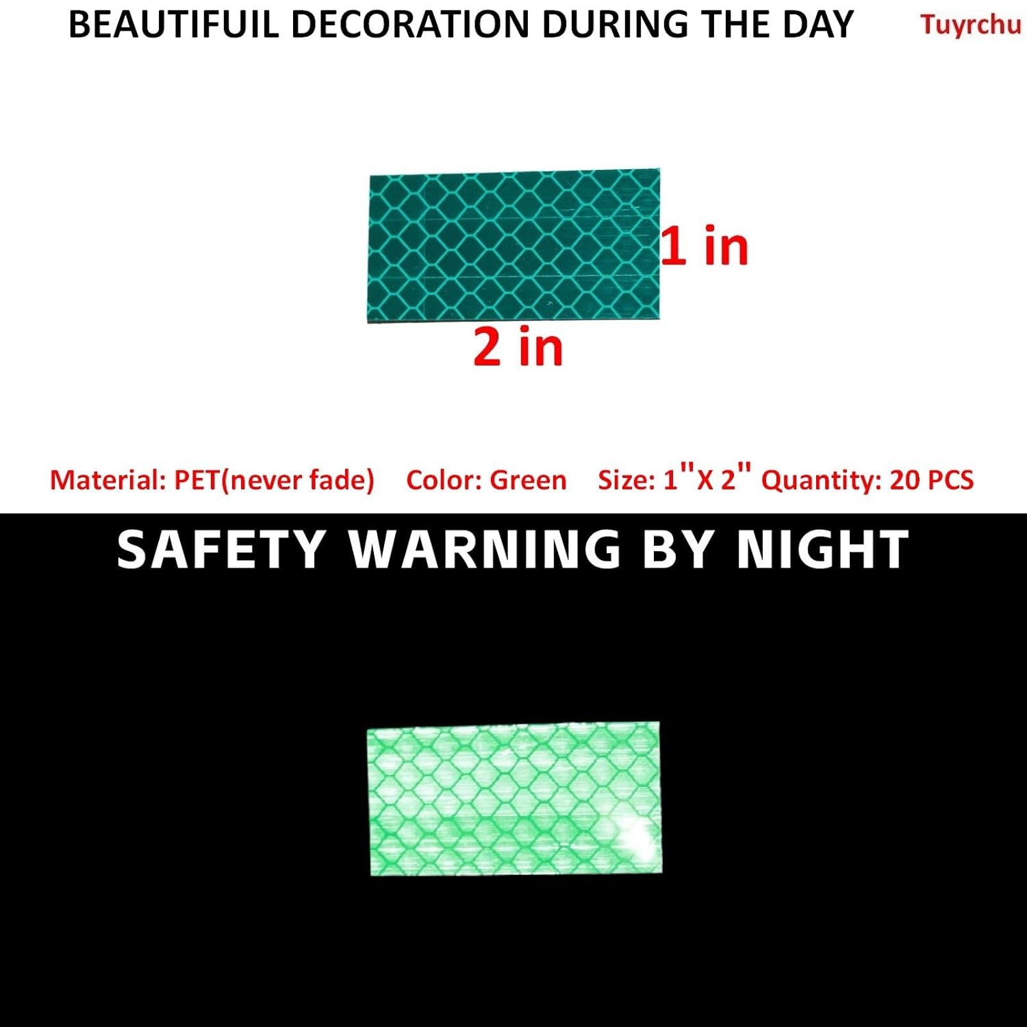 Non Fading Green Reflective Stickers 1 inch X 2 inch, Outdoor Waterproof High Visibility Warning Safety Adhesive Reflector Tape (20 Pcs)