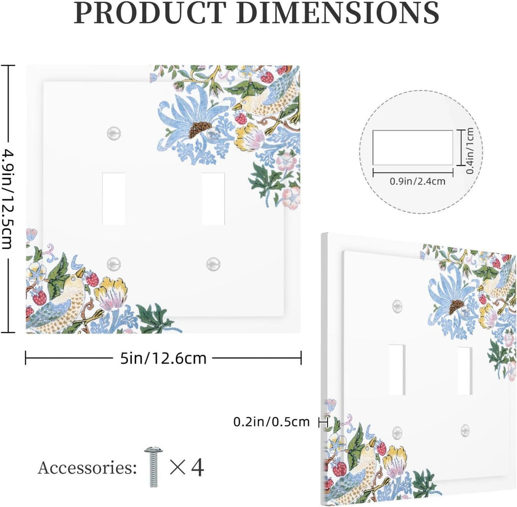 Decorative Light Switch Cover Plate Retro Morris Strawberry Rustic Plant Bird 2 Gang Wall Plate Oversized Double Toggle Two Switch Wall Cover Plate Dual Device Faceplate