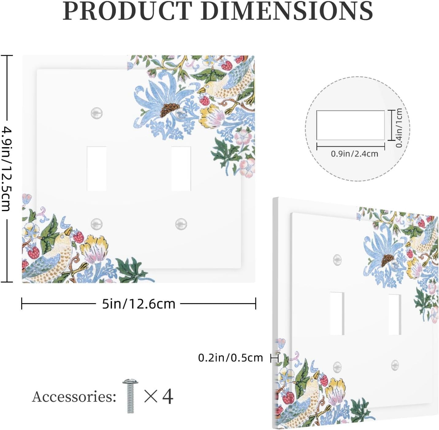 Decorative Light Switch Cover Plate Retro Morris Strawberry Rustic Plant Bird 2 Gang Wall Plate Oversized Double Toggle Two Switch Wall Cover Plate Dual Device Faceplate