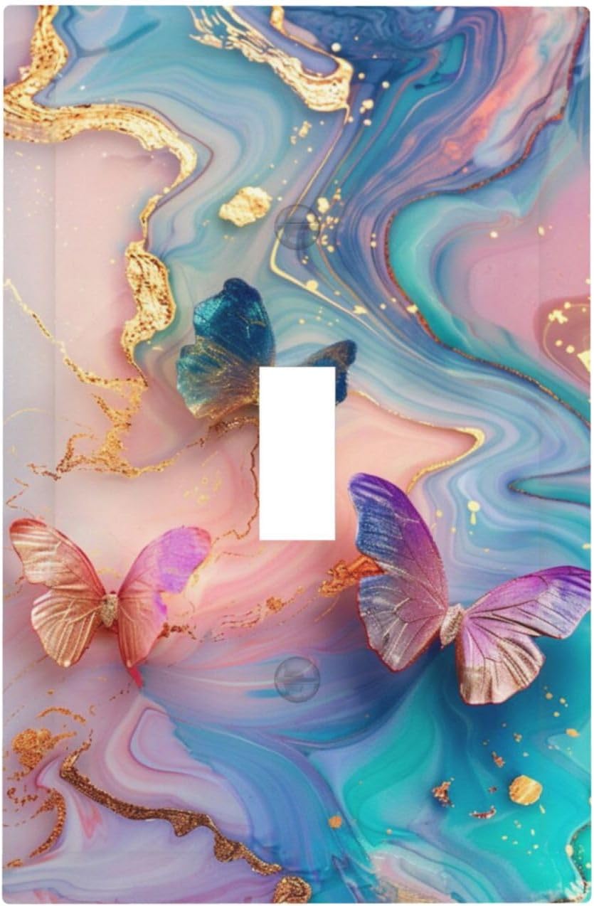 Colorful Marble Butterfly Gold Glitter Abstract Print Decorative Light Switch Cover 1 Gang Single Toggle Device Electrical Faceplate Switchplates Decorator Outlet Wall Plate for Bed Room Living Room