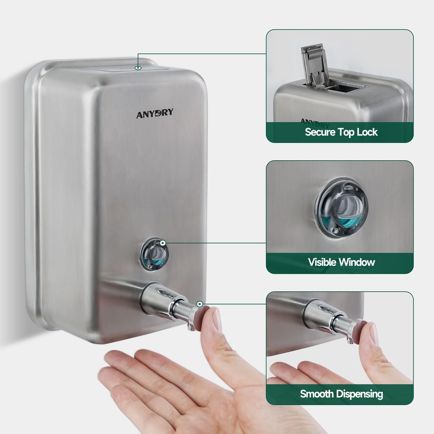 Commercial-Grade Manual Soap Dispenser, Durable Brushed Stainless Steel Finish, 37oz (1100ml) Liquid, Wall-Mounted for Bathroom & Kitchen