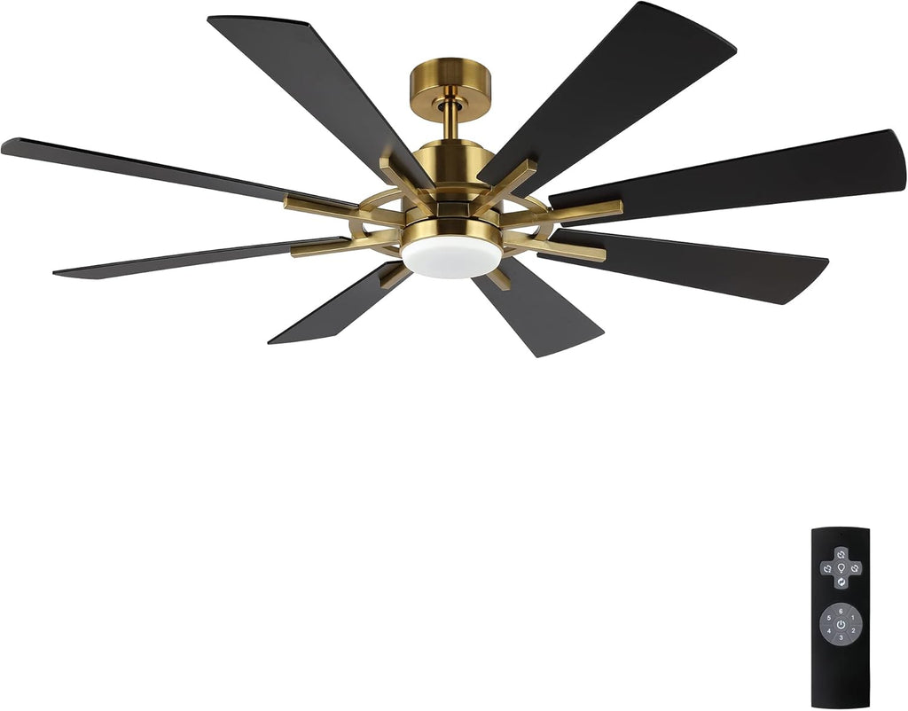 WINGBO 60" DC Ceiling Fan with Lights and Remote Control, Gold and Black Ceiling Fan, 8 Plywood Blades, 6-Speed Reversible DC Motor, Modern Ceiling Fans Indoor for Kitchen Bedroom Living Room