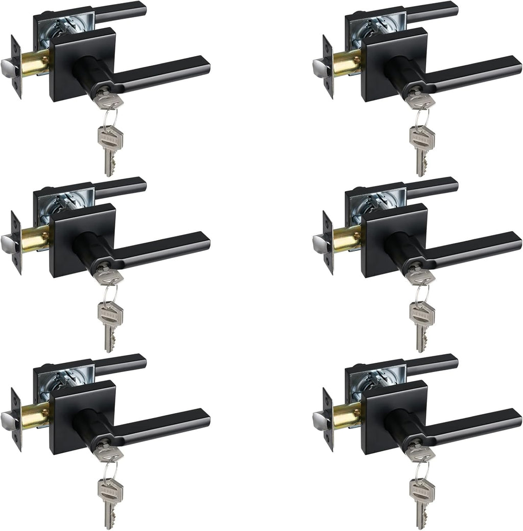Keyed Entry Door Lever with Lock, Heavy Duty Square Interior Handle for Front Door and Office, Matte Black, Reversible for Right&Left Handed, 6Packs