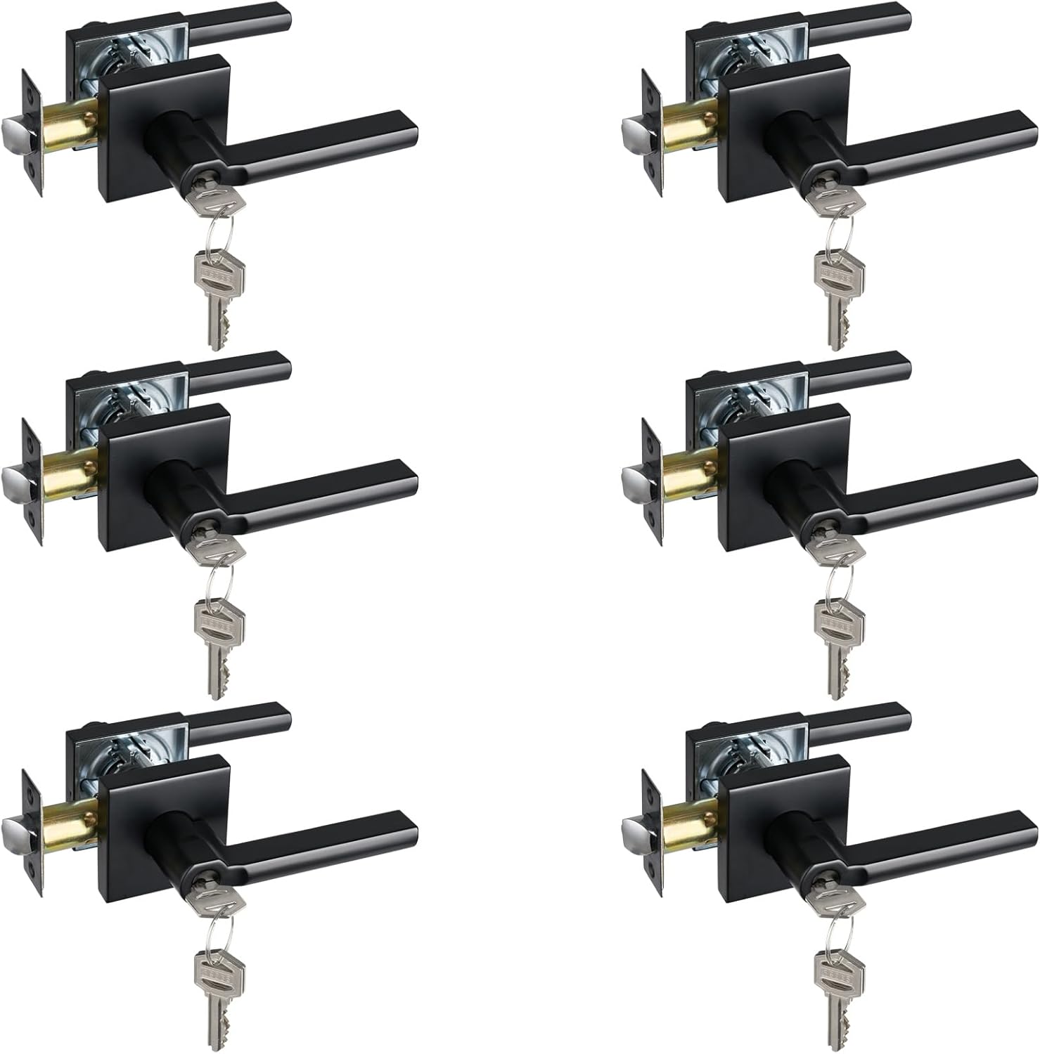 Keyed Entry Door Lever with Lock, Heavy Duty Square Interior Handle for Front Door and Office, Matte Black, Reversible for Right&Left Handed, 6Packs