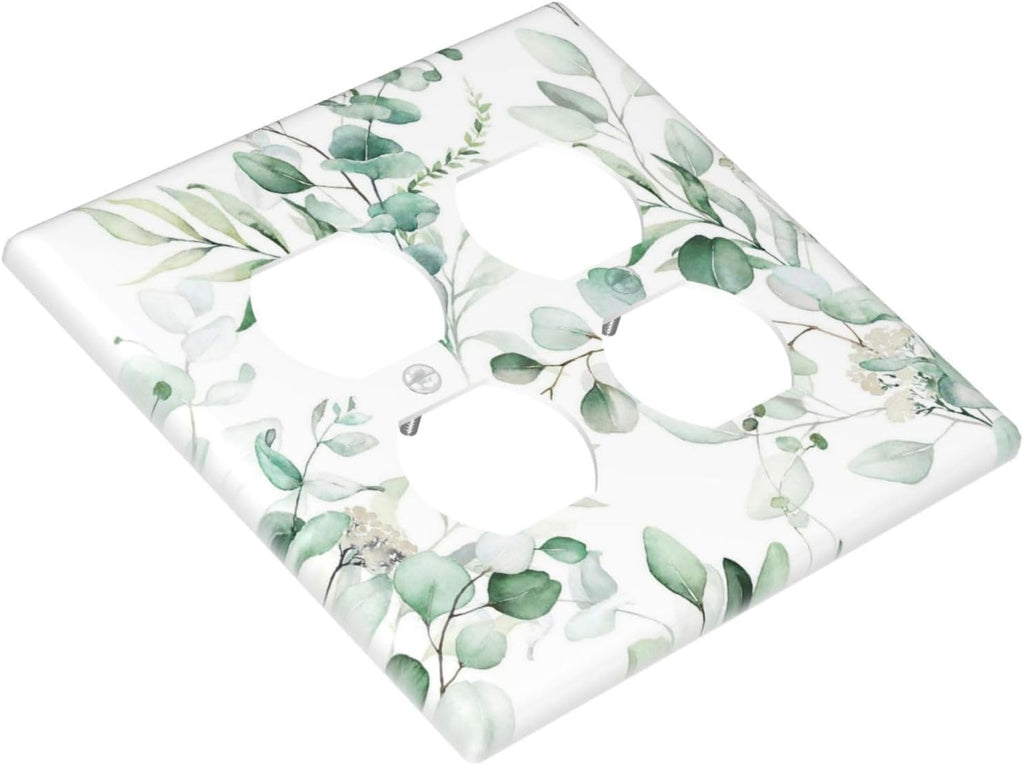 Boho Green Eucalyptus Leaf Floral Plants Flowers Outlet Covers 2 Gang Double Duplex Decorative Light Switch Covers Electrical Wallplates Socket Faceplate for Bed Room Living Room Decor