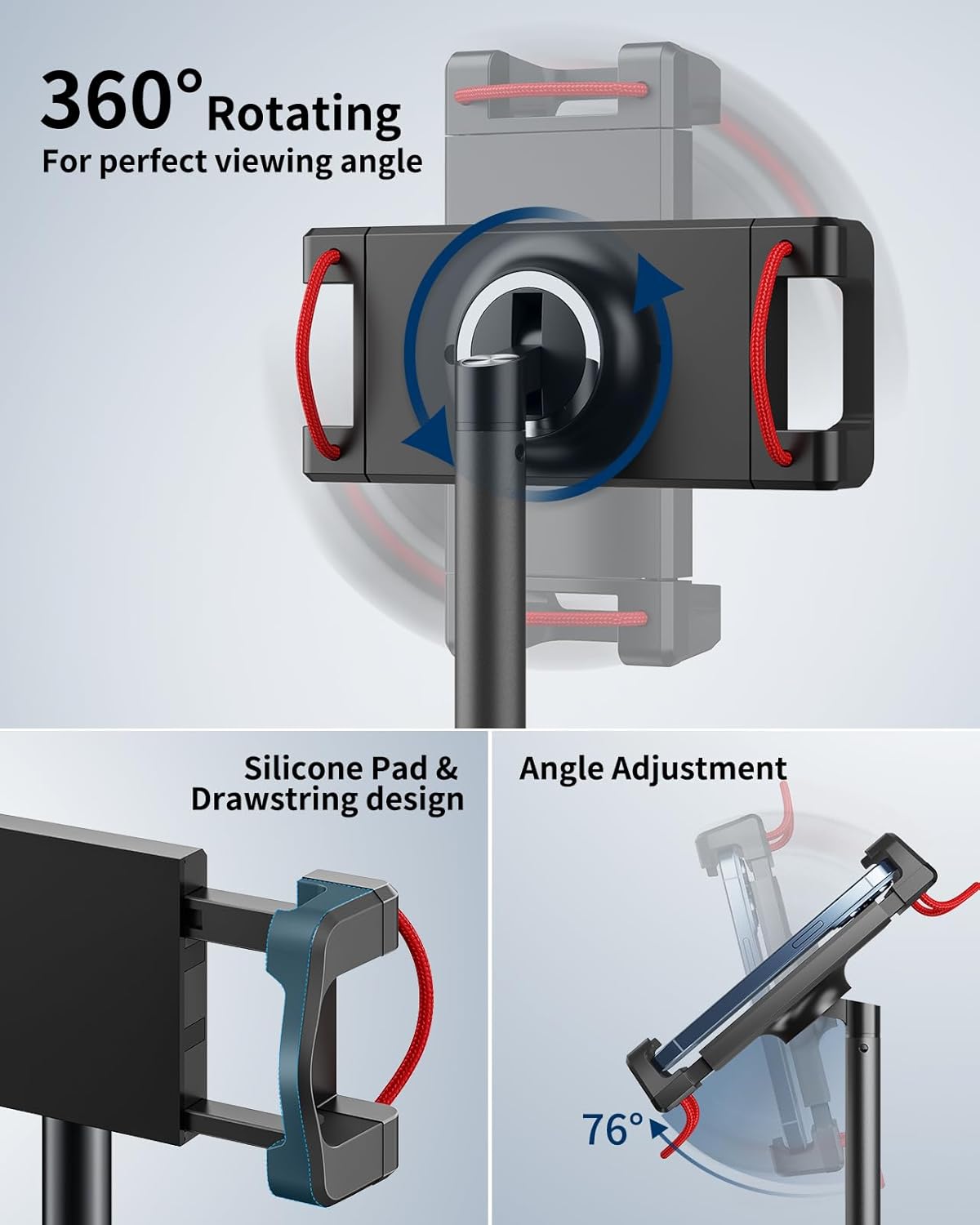 SAIJI Tablet Stand Holder, Extra-Height Adjustable Kindle Stand, 360 Degree Rotating iPad Holder, Aluminum Alloy Cradle Mount Dock for 4.7"-15.6" iPhone, Samsung, Tablets, Portable Monitor (Black)
