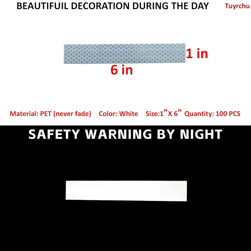 Non Fading White Reflective Stickers 1 inch X 6 inch, Outdoor Waterproof High Visibility Warning Safety Adhesive Reflector Tape (100 Pcs)