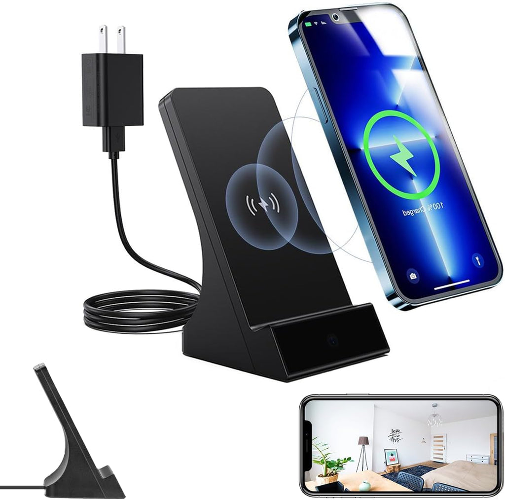 LIZVIE Phone Charger, 120° Wide-Angle View App Control/Motion Detection/Night Vision/Loop SD Storage Wireless Charging 2.4G WiFi Nanny Cam for Office Indoor Security.