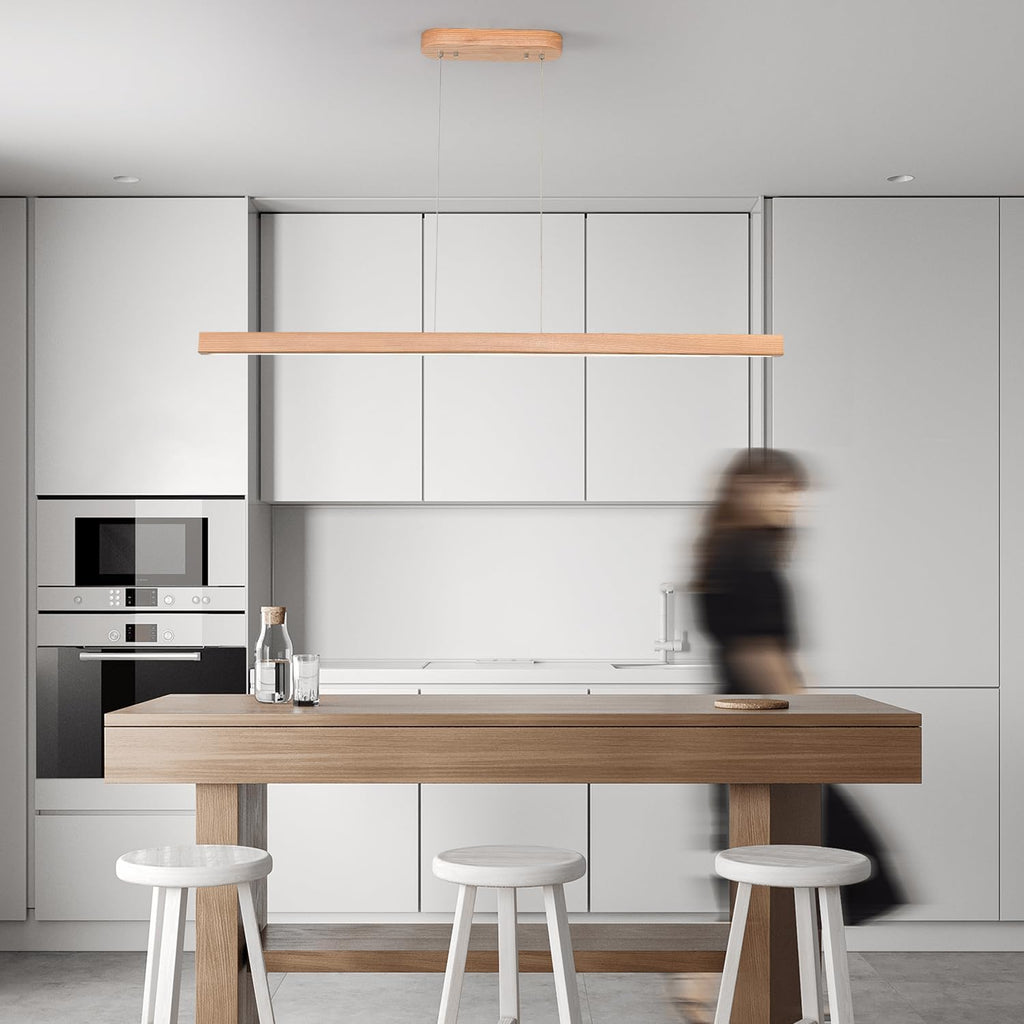 47" 36W 1-Light Wooden Led Linear Pendant Light Dimmable Led Chandelier Ceiling Hanging Light Fixtures Modern Chandeliers for Dining Room Kitchen Island Pool Table Lights Natural