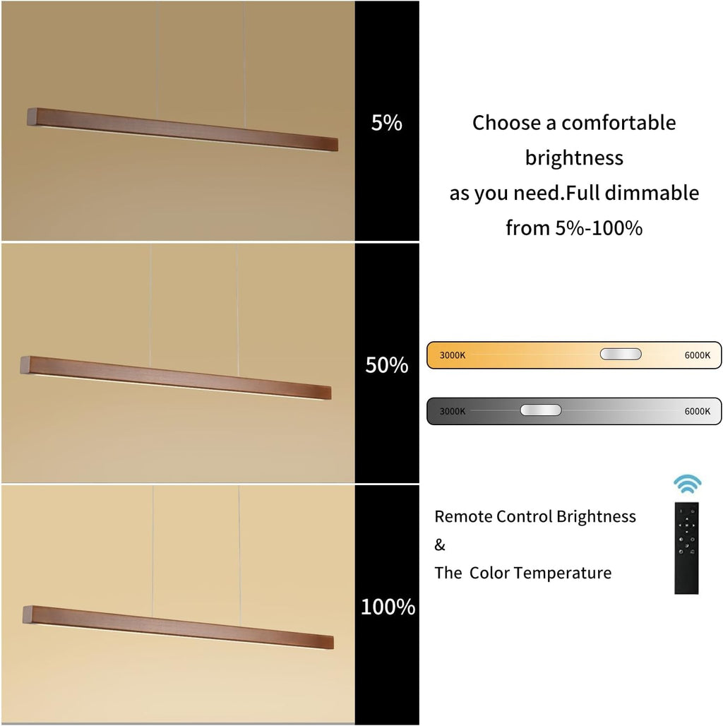 39" Wood Linear Pendant Light Modern LED Dimmable Ceiling Hanging Light Fixture Wood Linear Chandeliers 24w for Dining Room Kitchen Island Pool Table Bar Walnut Color (with Remote Control)
