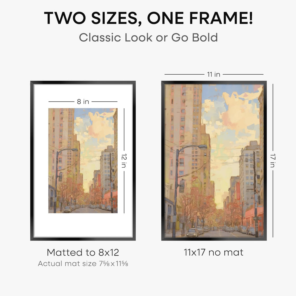 Homeforia 11 x 17 Picture Frame Black, High End Metal 11x17 Poster Frames with Mat 8x12 for Photo, 11 x 17 Black Frame Matted to 8 x 12 inch Print, 17x11 Thin Frame, Tempered Glass, Wall Kit, Set of 2