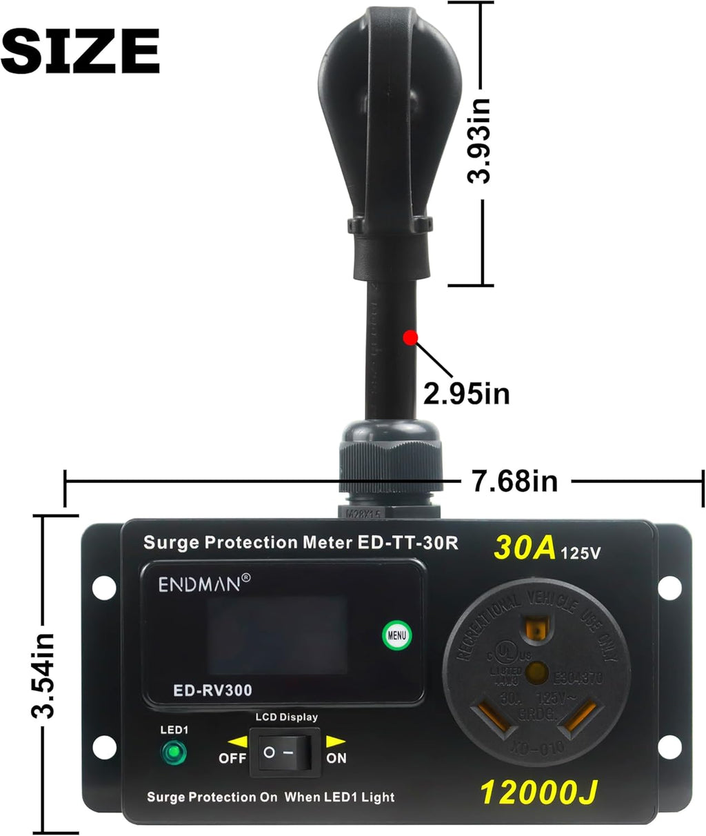 RV 30 Amp Surge Protector with Power Meter (kWh) - 12,000 Joules High Surge Guard - Real-Time Voltage & Amp Monitor for Travel Trailers (NEMA TT-30P)