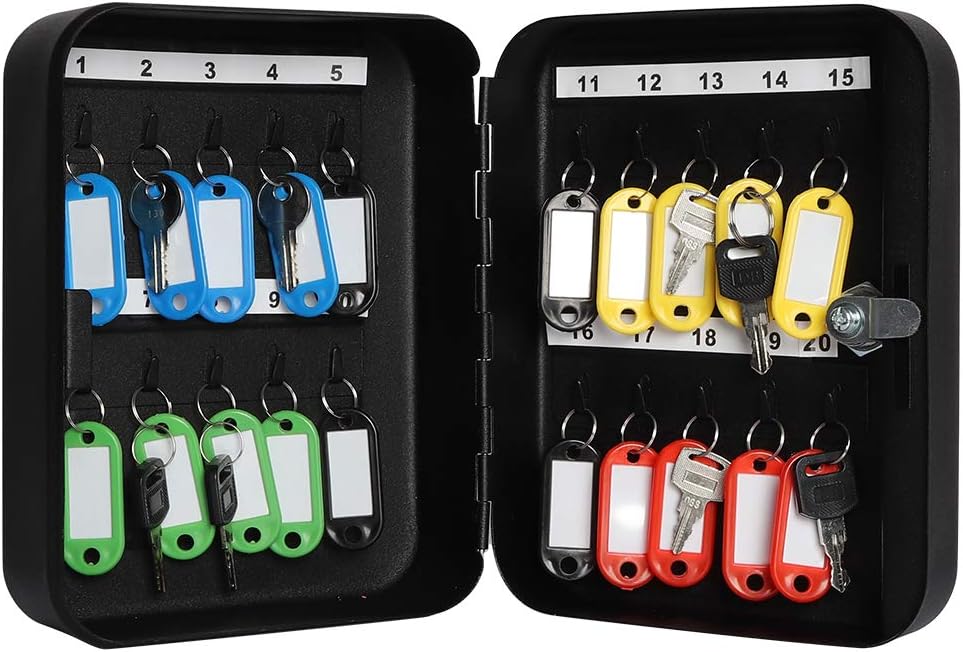 JSSMST Key Lock Box Wall Mount Security Cabinet, 20 Key Hooks & Tags, 7.87 x 6.3 x 2.95 Inches, Black Matt