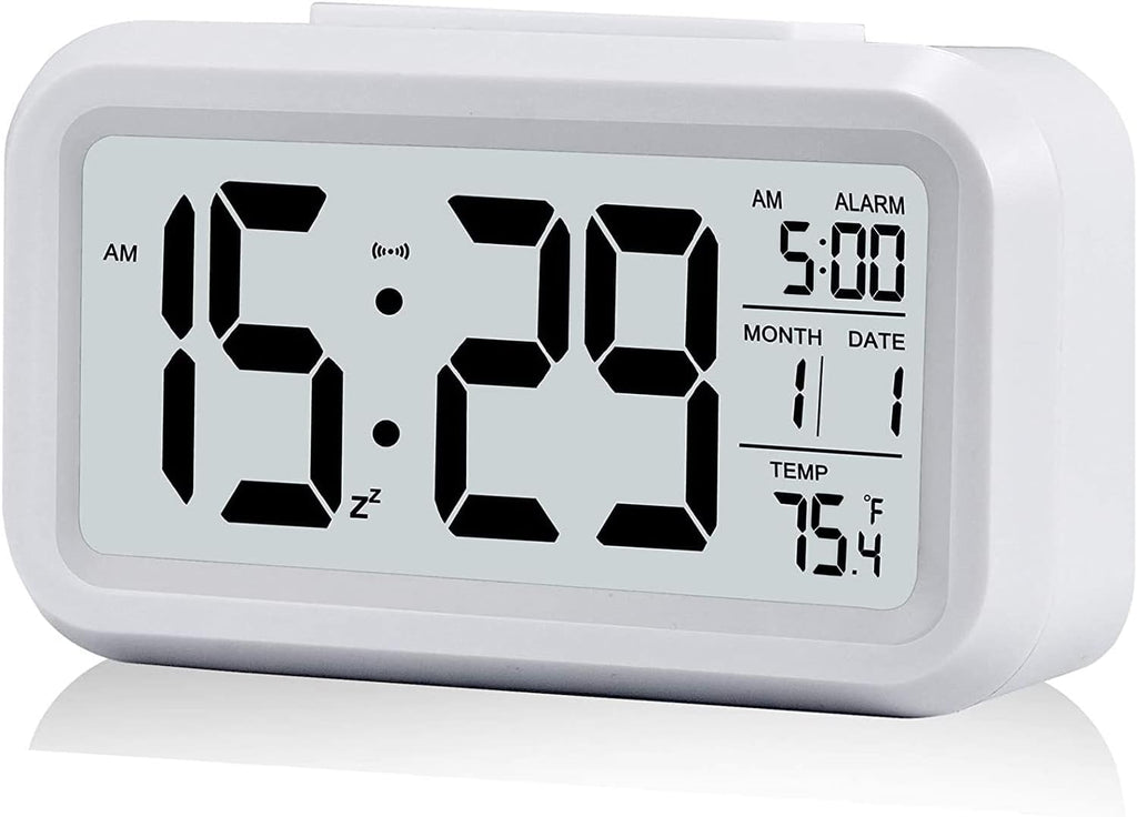 Digital Alarm Clock with LCD Display, Desk Smart Electronic Small Clock with Indoor Temperature, Date, Light Sensor, Backlight, Battery Operated, for Home Bedroom Kids Office (White)
