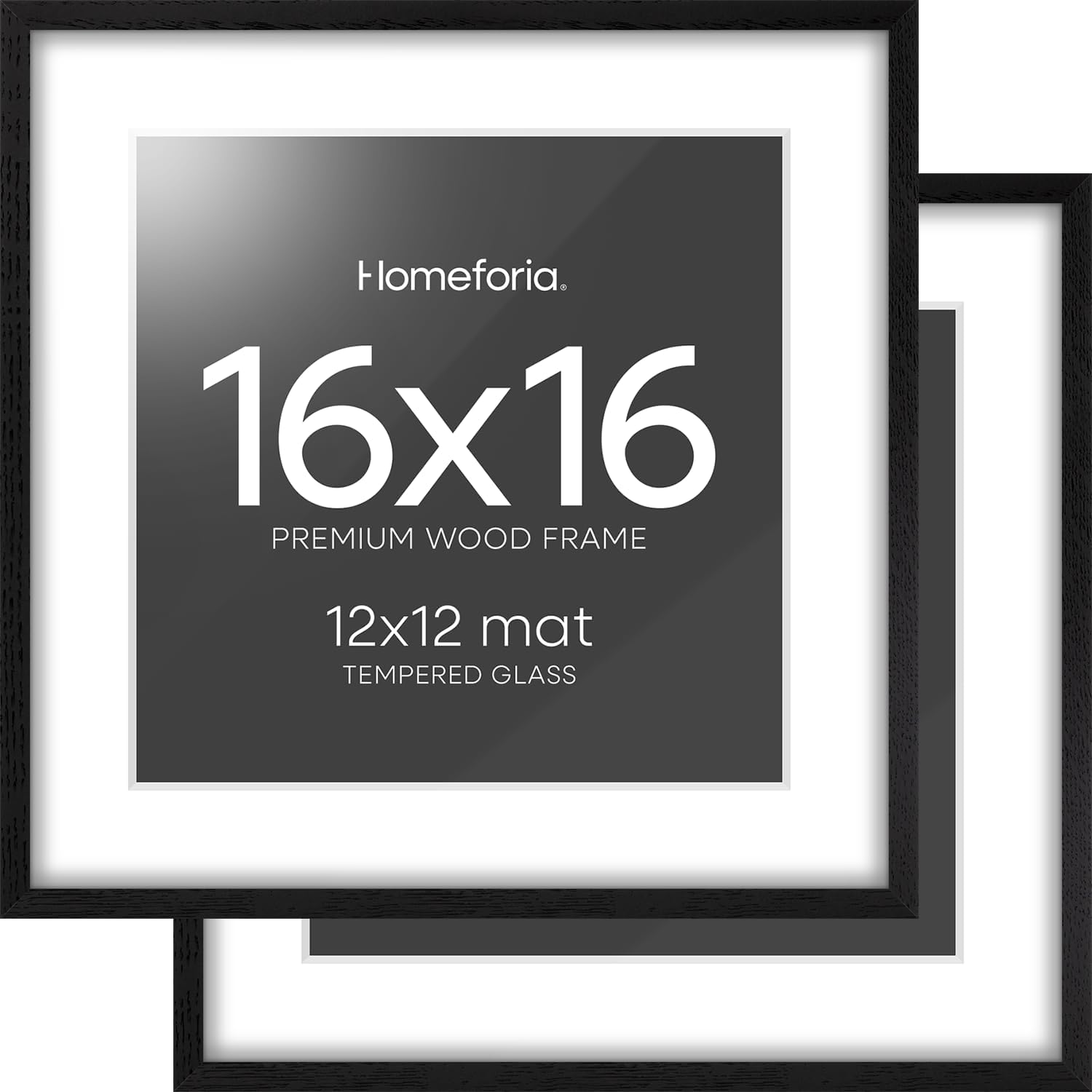 Homeforia 16x16 Black Wood Frame, High End Oak 16 x 16 Square Picture Frames with Mat 12 by 12 inches Photo, 16by16 Black Wooden Poster Frames Matted to 12x12 Print, Tempered Glass, Wall Kit, Set of 2