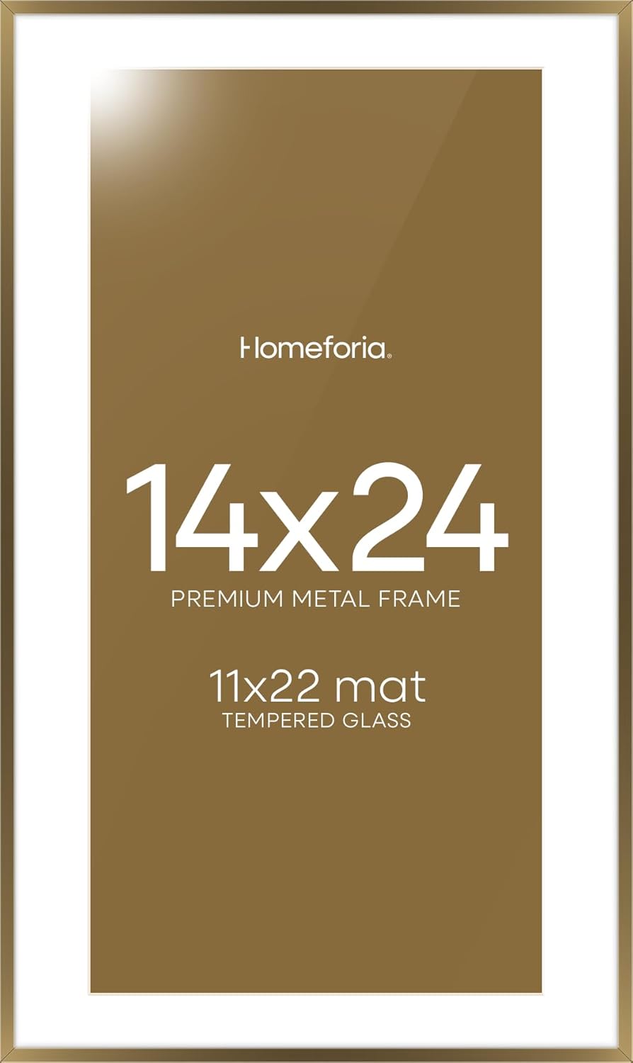 Homeforia 14x24 Picture Frame Bronze, High End Metal 14x24 Brass Poster Frames with Mat 11x22 Photo, 14 x 24 Frame Matted to 11 by 22 inch Print, 24by14 Thin Frames, Tempered Glass, Wall Kit, Set of 1