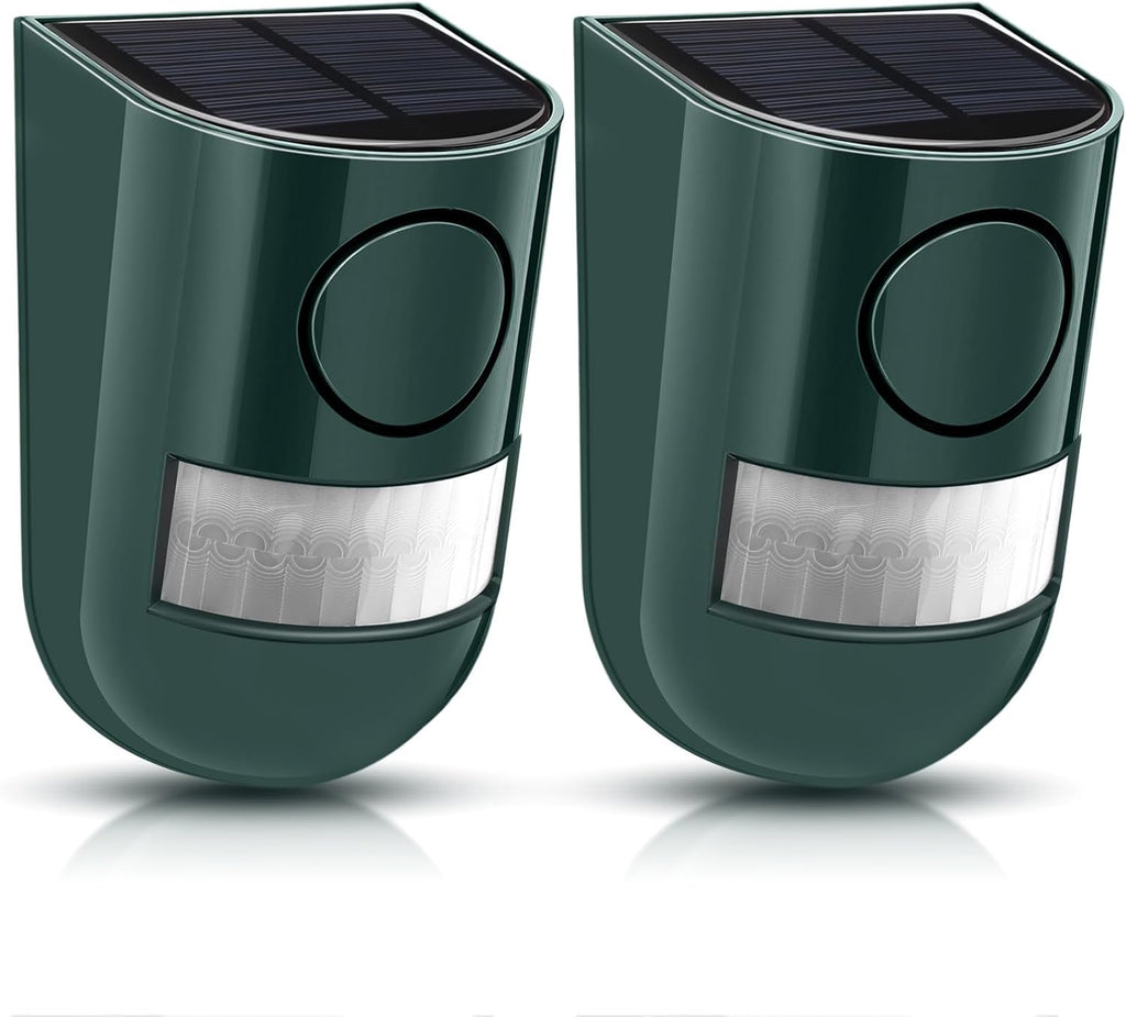 Qualirey 2 Pack Solar Sound and Light Alarm Motion Sensor 129db Outdoor Security Siren Waterproof Motion Activated Detector Alarm 6 LEDs Flash Warning Strobe System for Home, Farm (Green)
