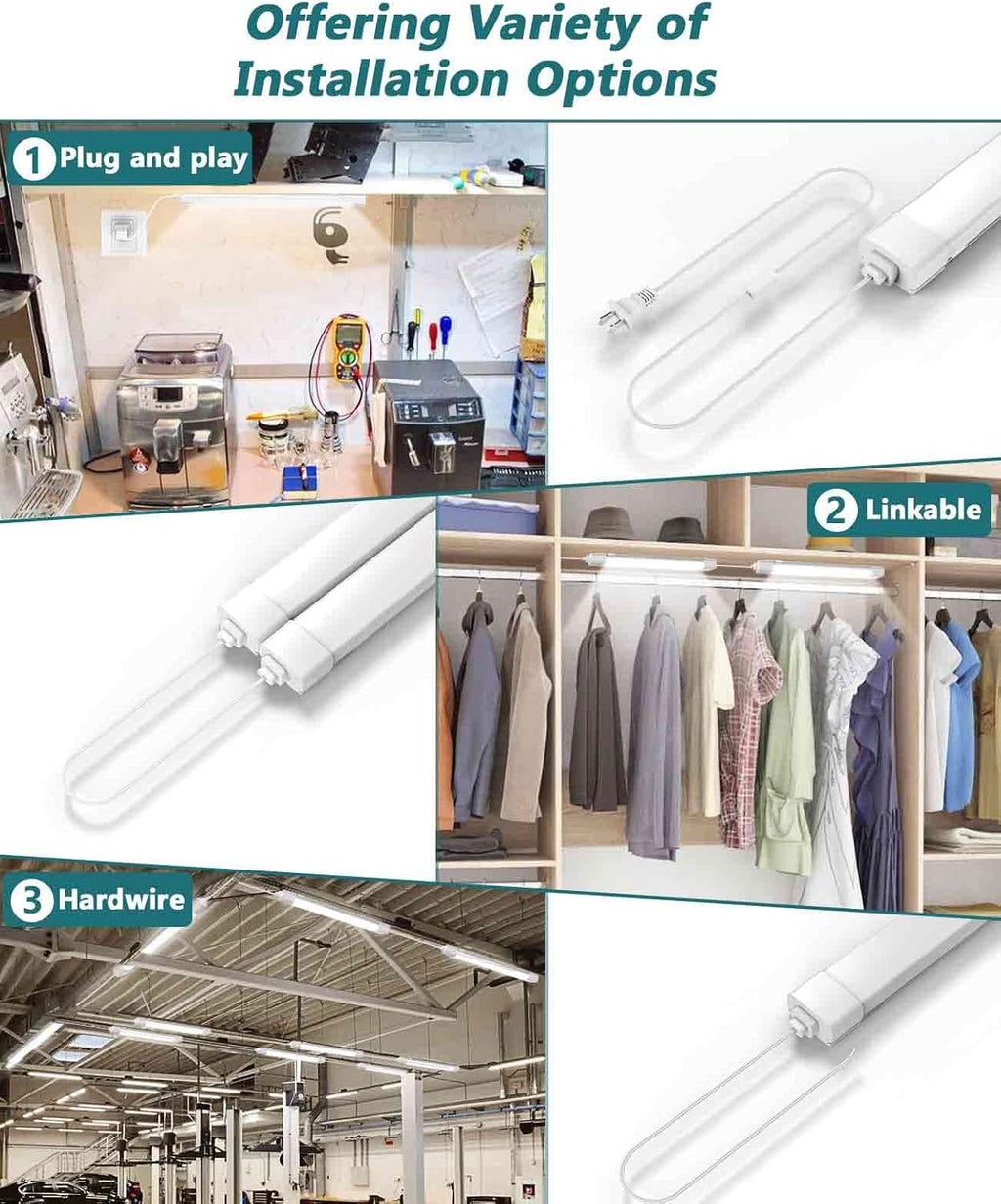 LED Shop Light With Plug, 4FT Waterproof Linkable Tube, 36W Cabinet Lighting 5000K Wired Electric Ceiling With ON/Off Switch, 4000LM Closet Light for Workshop, Room