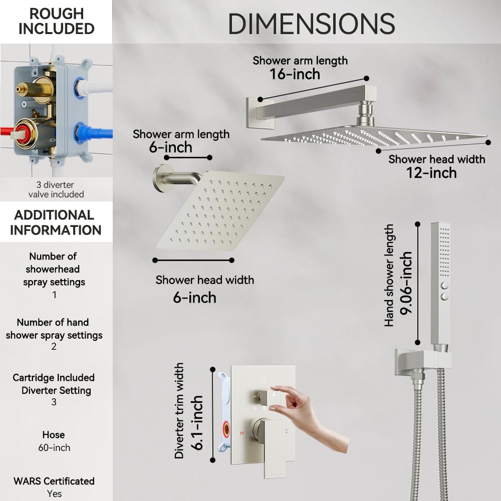 Thermostatic Shower System Brushed Nickel, STARBATH Shower Faucets Sets 12+ 6" Wall Mount Rain Shower and 2 in 1 Handhled, Can Use All at Once, Push Button 3 Modes Valve Complete Shower Set