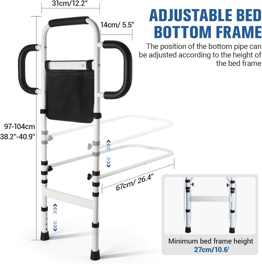 Three Grab Bars Bed Rails for Elderly Adults Safety, Bed Assist Rail with Leg, Adjustable Bedside Handle for Seniors Fall Prevent Bed Cane, Medical Bed Rail Fits Queen, King, Full, Twin