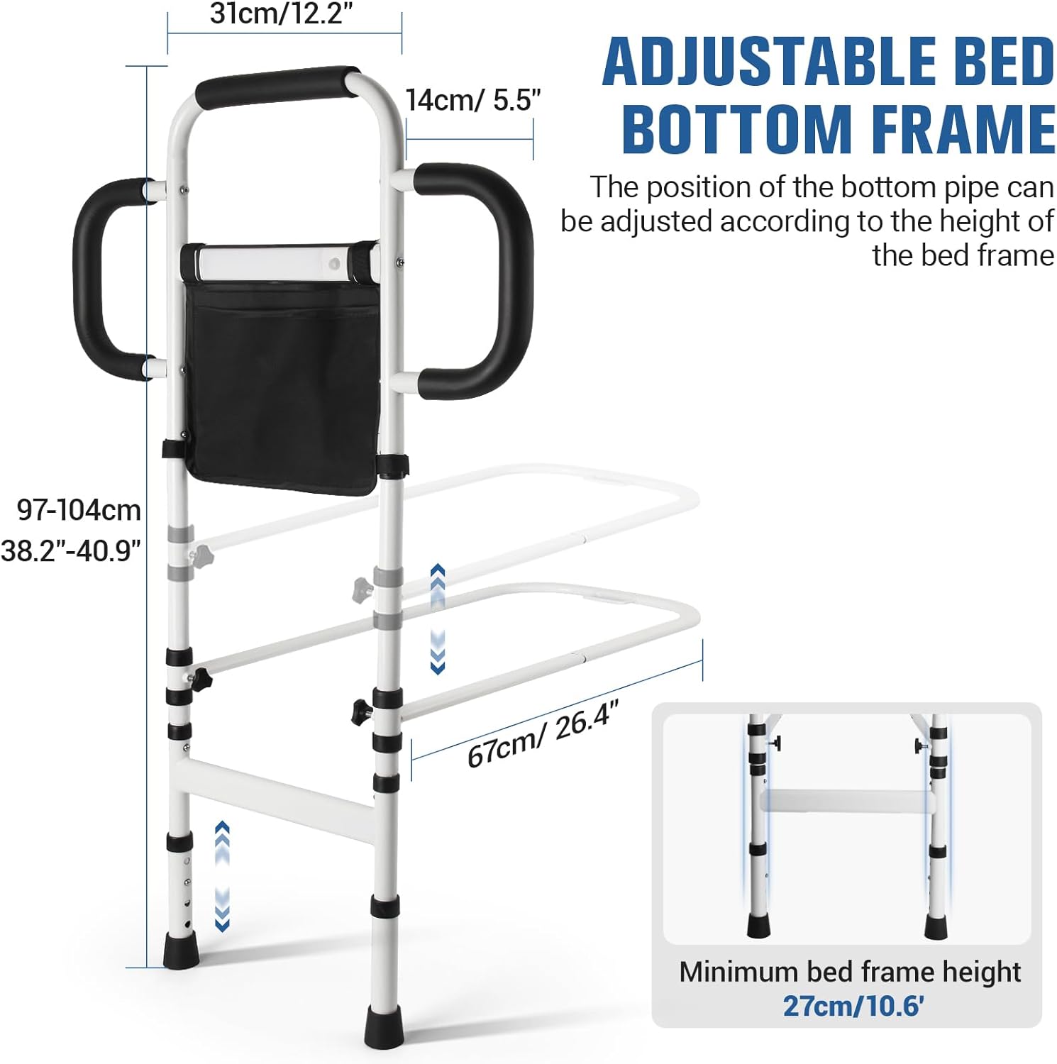 Three Grab Bars Bed Rails for Elderly Adults Safety, Bed Assist Rail with Leg, Adjustable Bedside Handle for Seniors Fall Prevent Bed Cane, Medical Bed Rail Fits Queen, King, Full, Twin