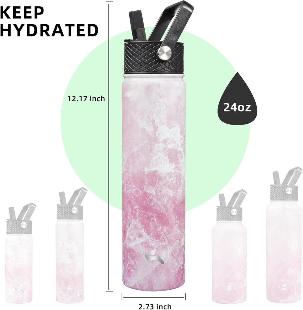 Insulated Water Bottle 24oz Stainless Steel Sport Bottles with 3 Lids,Marble Blossom