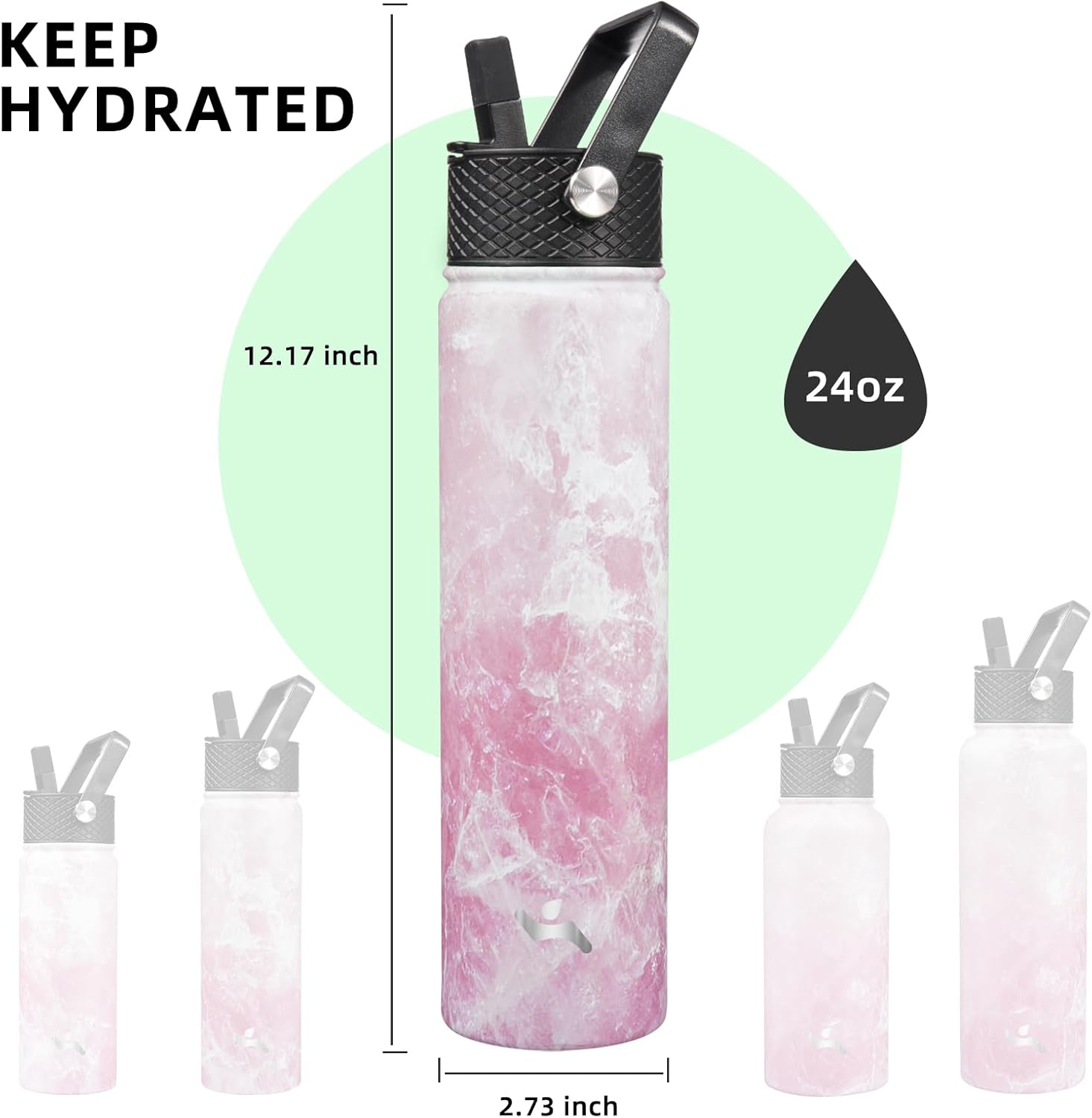 Insulated Water Bottle 24oz Stainless Steel Sport Bottles with 3 Lids,Marble Blossom
