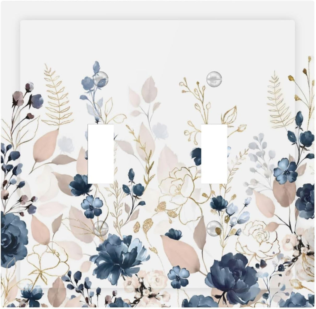 Blue Flora Boho Vintage Flower Golden Leaves Decorative Switch Plates 2 Gang Double Toggle Outlet Light Switch Cover Wall Plate Electrical Faceplate for Bedroom Living Room Decor