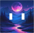Purple Cyberpunk River Full Moon Mountain Forest Decorative Switch Plates 2 Gang Double Toggle Outlet Light Switch Cover Wall Plate Electrical Faceplate for Bedroom Bathroom Decor