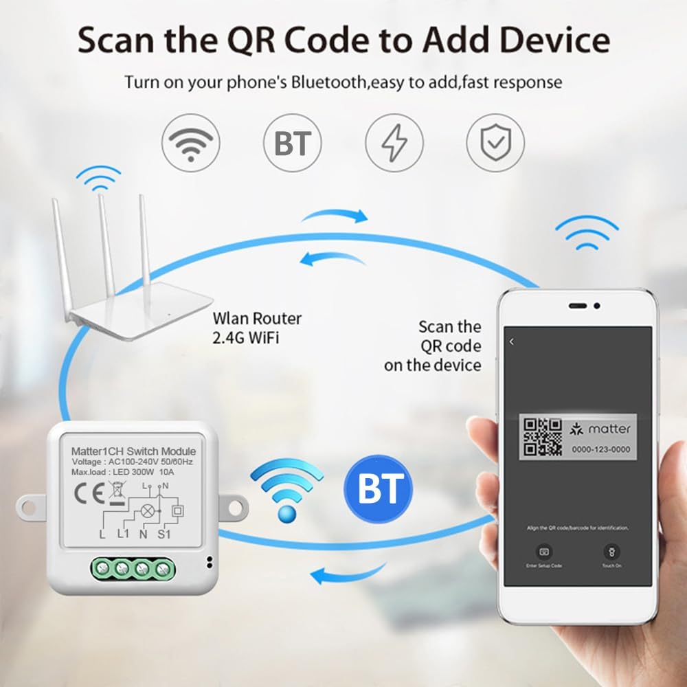1CH Matter Mini Smart WiFi Switch Module DIY Smart Relay Switch Module 10A Switch for Smart Home Automation Compatible with Home Pod//Assistant/