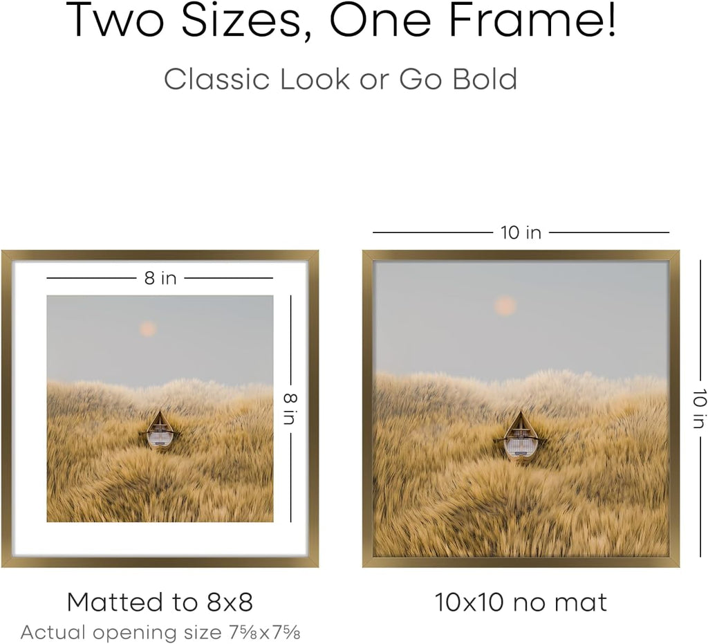 Homeforia 10x10 Picture Frame Bronze, High End Metal 10 by 10 Square Brass Frames with Mat 8 x 8 Photo, 10x10 Poster Frame Matted to 8x8 Art, Wall or Tabletop Frame, Tempered Glass, Wall Kit, Set of 2