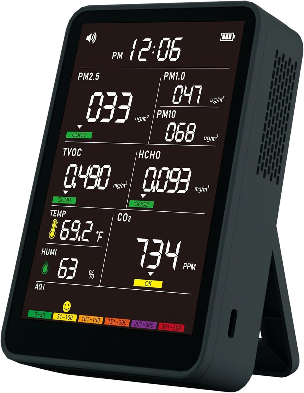 Professional Indoor Air Quality Monitor with AQI Beep Alarms, Portable Real-Time Detector for Home Cars Plants and Pets (Black)