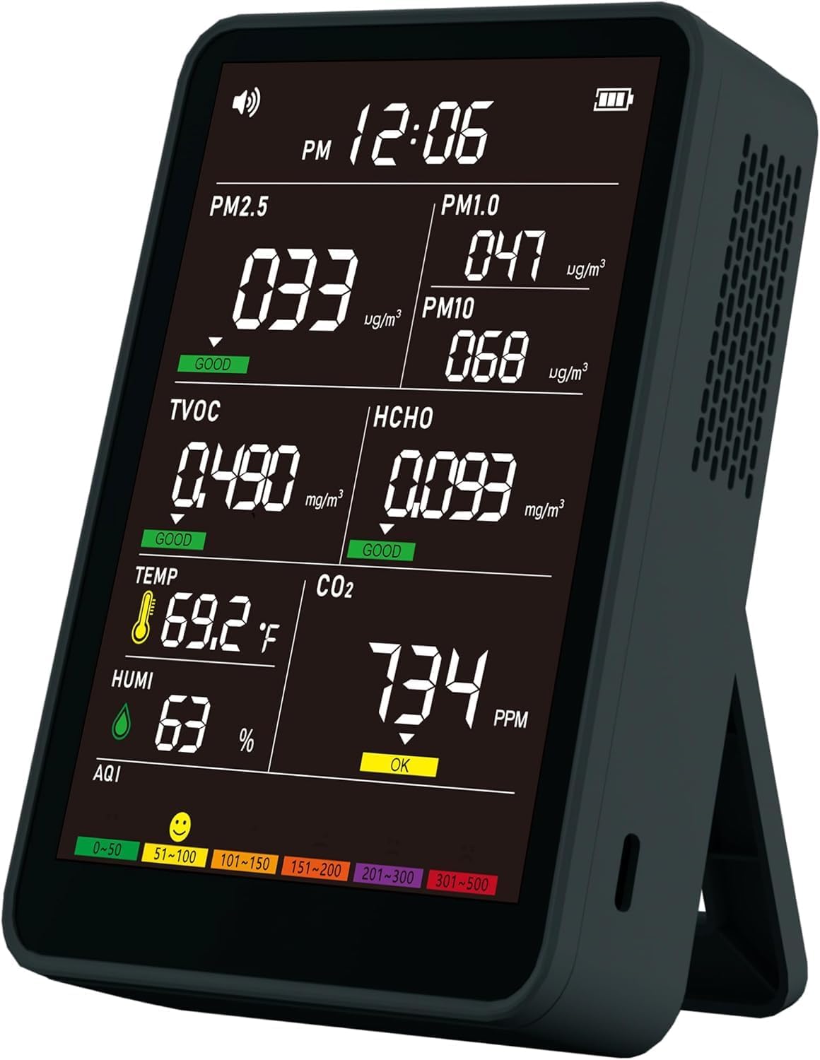 Professional Indoor Air Quality Monitor with AQI Beep Alarms, Portable Real-Time Detector for Home Cars Plants and Pets (Black)