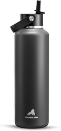 POWCAN 24 oz Slim Insulated Water Bottle: Leakproof, Lightweight, Top Handle, Stainless Steel Water Bottle with Straw for Sport, Gym, Fitness, Office, Home, Commute, Workouts, Boy, Men (Stone Gray)