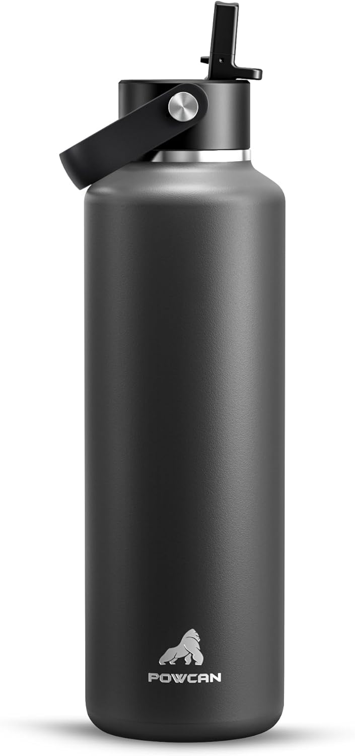 POWCAN 24 oz Slim Insulated Water Bottle: Leakproof, Lightweight, Top Handle, Stainless Steel Water Bottle with Straw for Sport, Gym, Fitness, Office, Home, Commute, Workouts, Boy, Men (Stone Gray)