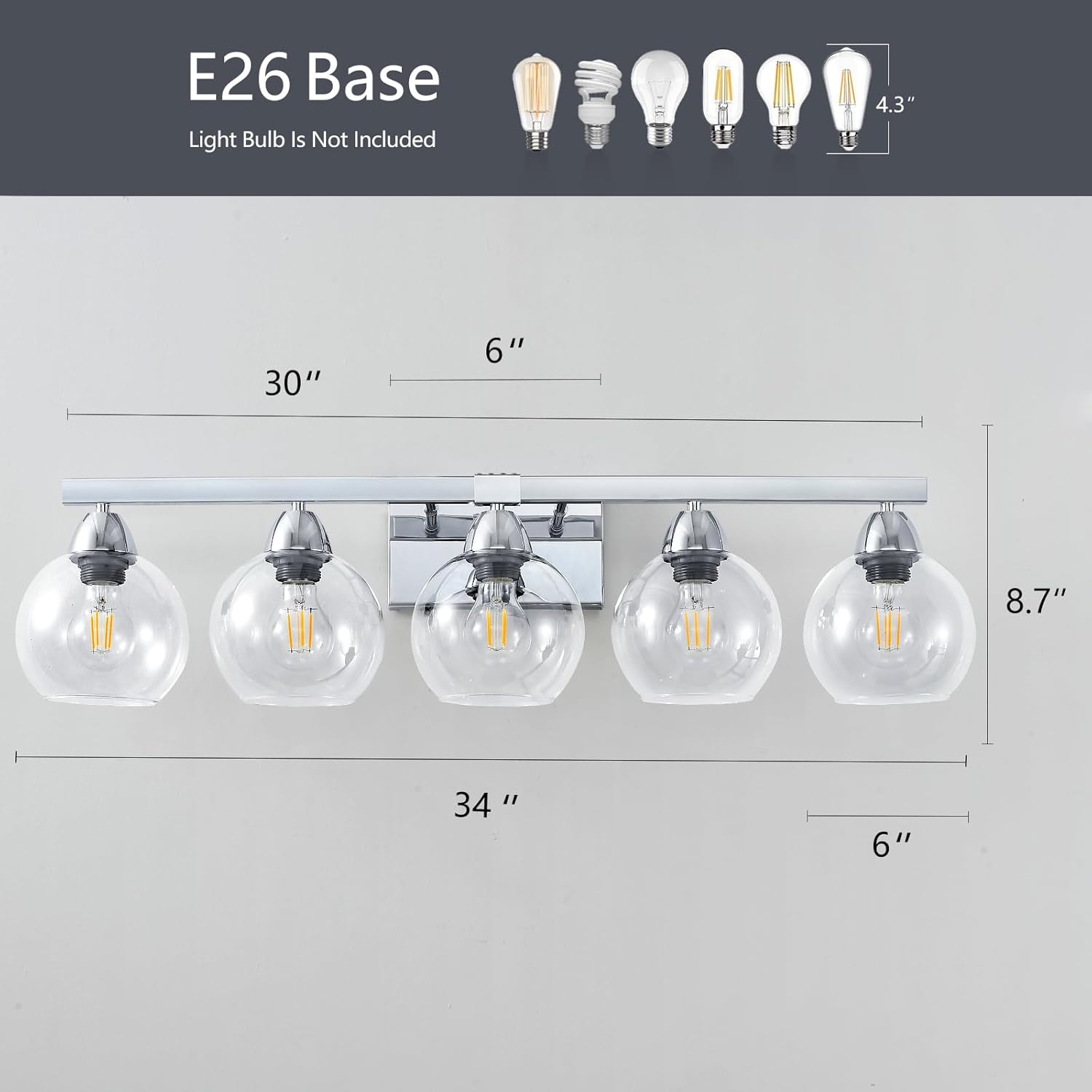 5-Light Bathroom Light Fixtures, Silver Vanity Light with Ultra-Clear Hand-Blown Glass, Durable & Elegant, Wall Lamp for Mirror, Bedroom, Kitchen