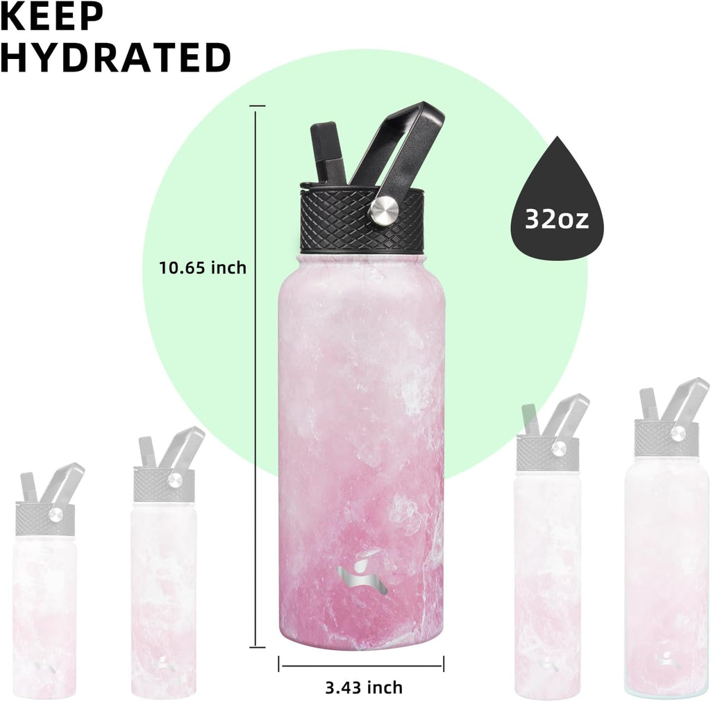 32 oz Insulated Water Bottle Stainless Steel Sport Bottles with 3 Lids,Marble Blossom