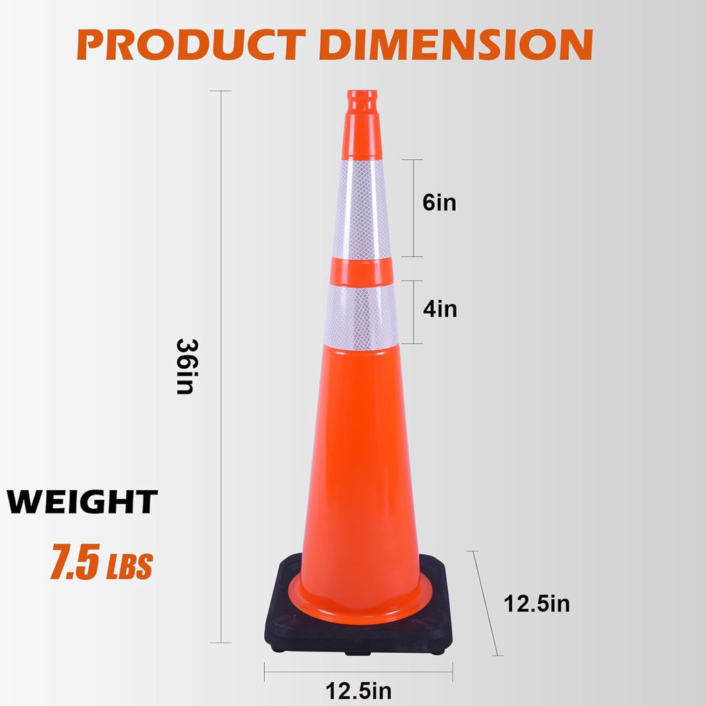 6 Pack 36 Inch Orange PVC Traffic Cones with Black Base, Stable Large Size Safety Cones for Highway, Construction, and Outdoor Use (6, Orange, 36 Inch)