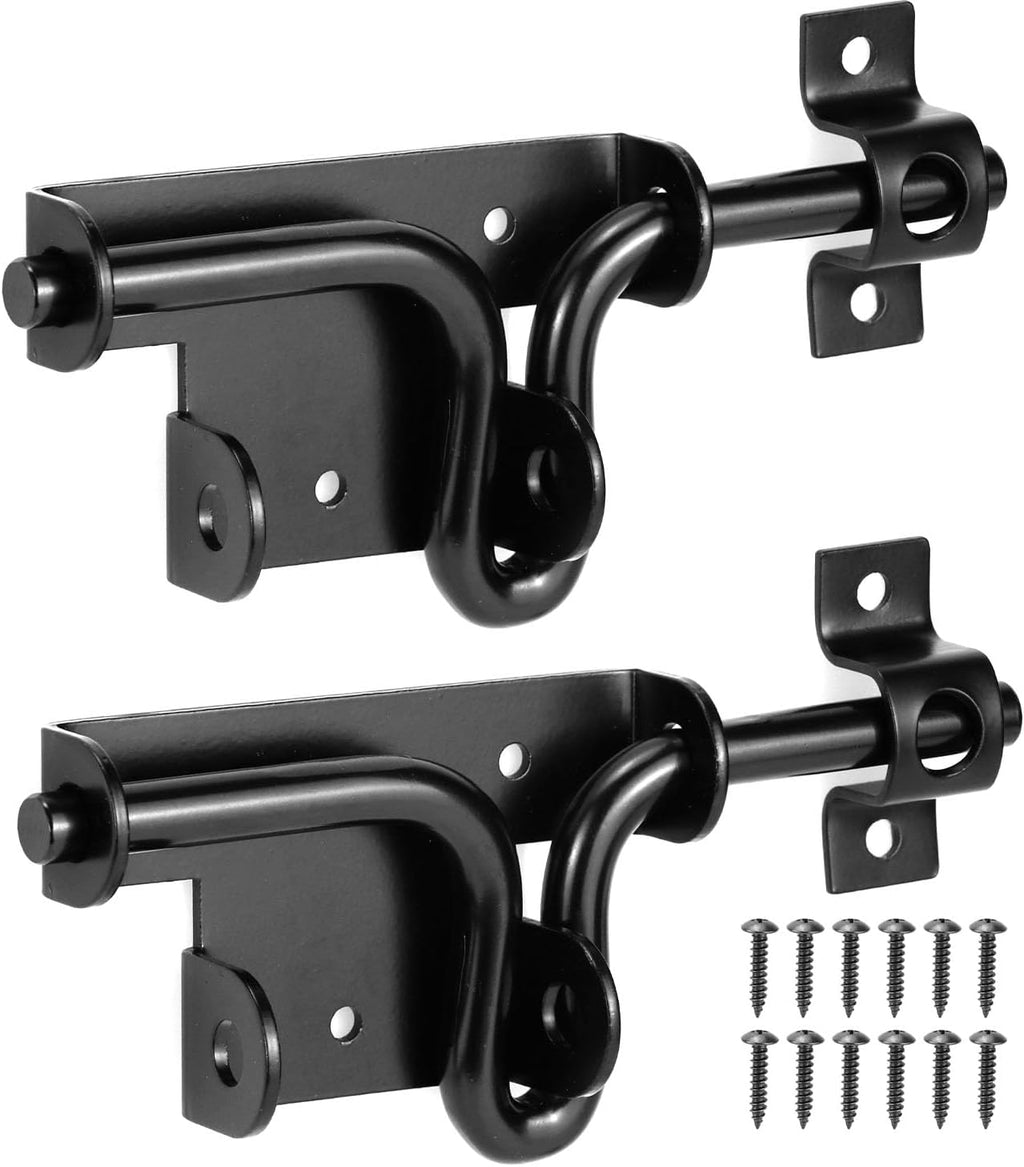 QWORK Slide Bolt Gate Latch, Heavy-Duty Gate Lock with Padlock Hole for Wooden Vinyl Fence Barn Doors – 6-3/8" Black, 2 Pack