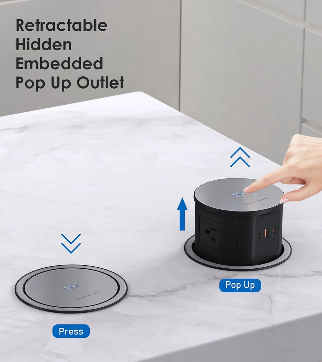 ANNQUAN 4.75" Pop Up Outlet with 65W USB-C,15W Wireless Charger,4 Outlets,3 USB Ports,Pop Up Countertop Receptacle Outlet for Home Office Kitchen