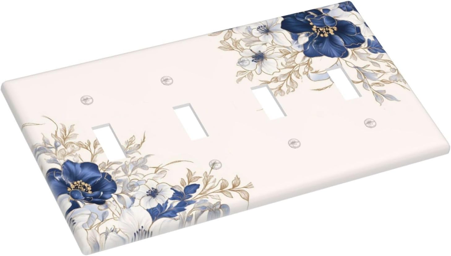 Decorative Light Switch Cover Plate Rustic Blue Beige Flower Peony Floral 4 Gang Wall Plates for Electrical Outlets Quad Toggle Switch Plate Covers Outlet Covers Faceplate for Bedroom Decor