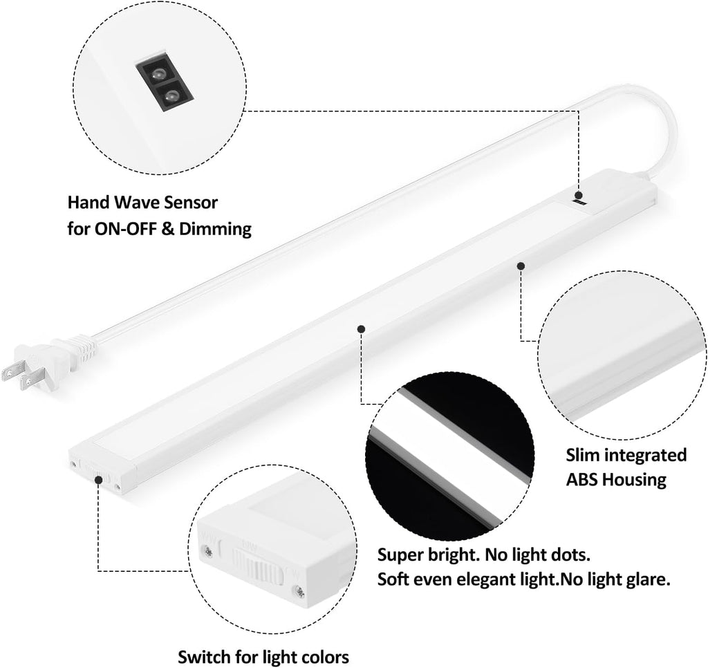 Under Cabinet Light 16 Inch Plug in 110VAC. Hand Wave Activated. 8W LED Light Bar. Bright but Dimmable. Light Color Adjustable. For Kitchen Under Cabinets, Counter, Over Sink Closet Workbench
