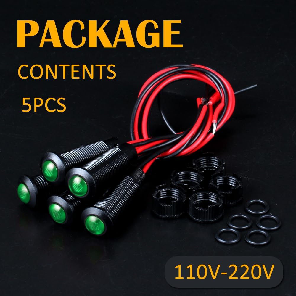 5pcs 8mm LED Indicator Light Plastic Black Signal Dot Lamp 110-220VAC 5/16" Mounting Hole Size with 15cm/5.9in. Wire (Green LED)