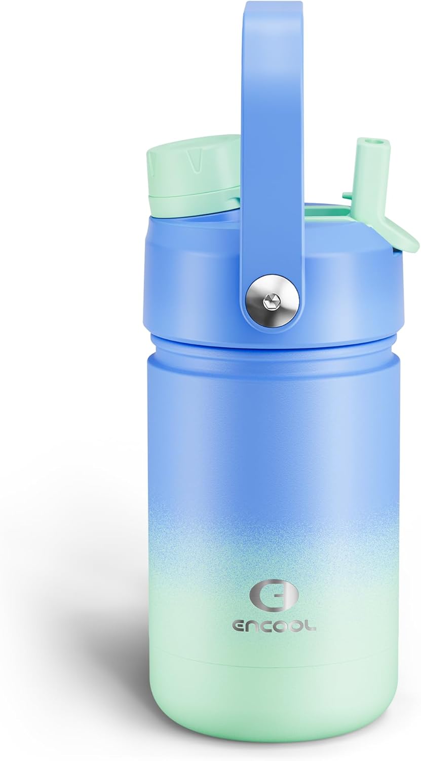 Kids Insualated Water Bottle with Straw - 12oz Stainless Steel Water Bottle with Dual Spouts, Leak-Proof, BPA-Free, Double Wall Vacuum Keeps Cold for 24 Hours for Sports, Travel (Frosted Lilac)