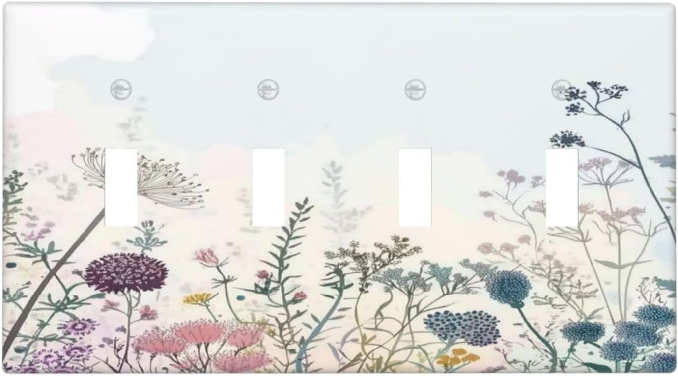 Colorful Wildflower Watercolor Dandelion Floral Light Switch Covers Quad Toggle Electrical Faceplate 4 Gang Wall Plate Decorative Switch Plates For Cabin Home Decor