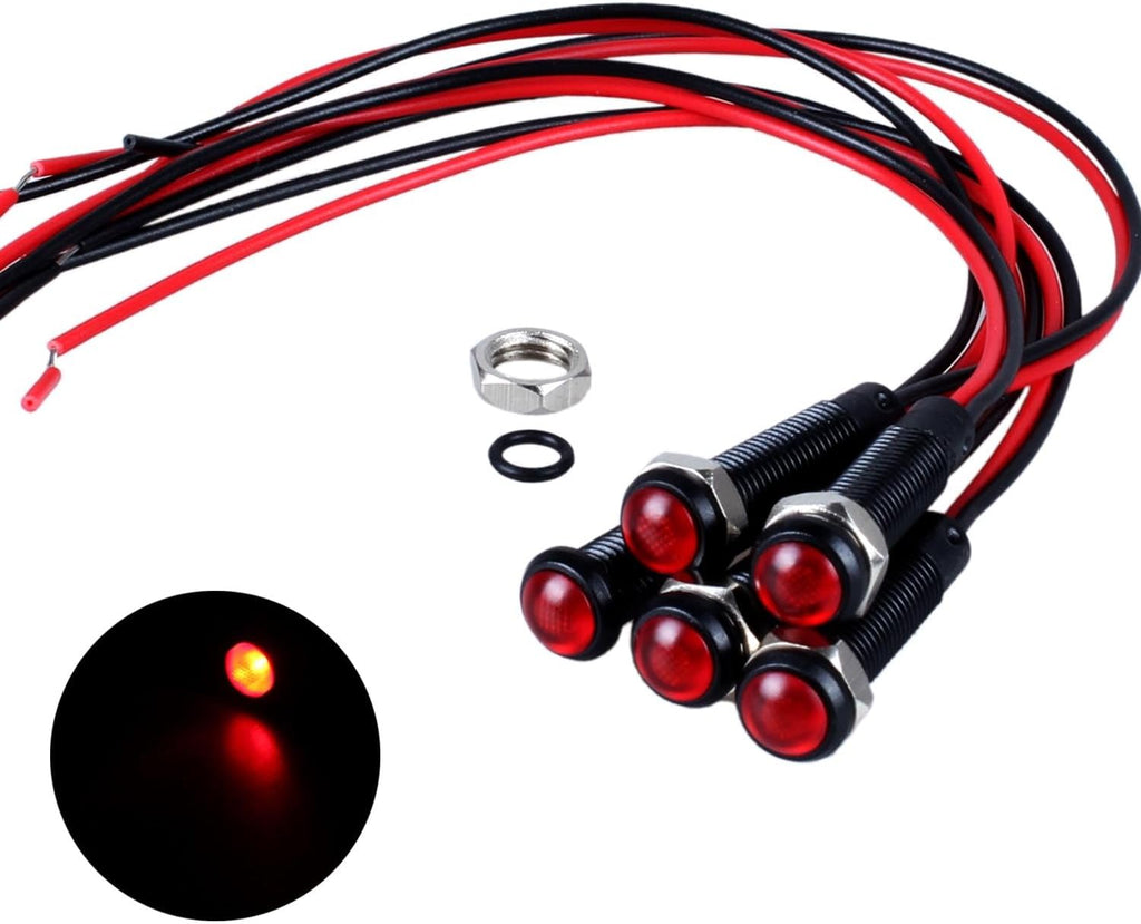 5pcs 6mm LED Indicator Light Plastic Black Signal Dot Lamp 110-220V AC 1/4" Mounting Hole Size with 15cm/5.9in. Wire (Red LED)