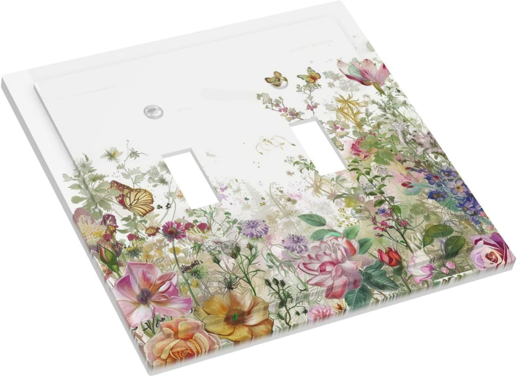 Decorative Switch Plates Boho Wildflower Colorful Floral Butterfly 2 Gang Double Toggle Outlet Light Switch Cover Wall Plate Electrical Faceplate For Bed Room Living Room Decor