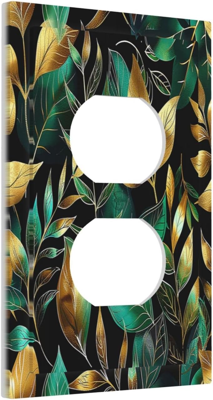 Outlet Covers Vintage Dark Green Vine Leaf Golden Plants 1 Gang Duplex Light Switch Cover Decorative Switch Plates Electrical Receptacle Faceplate Wall Plate for Bed Room Cabin Decor